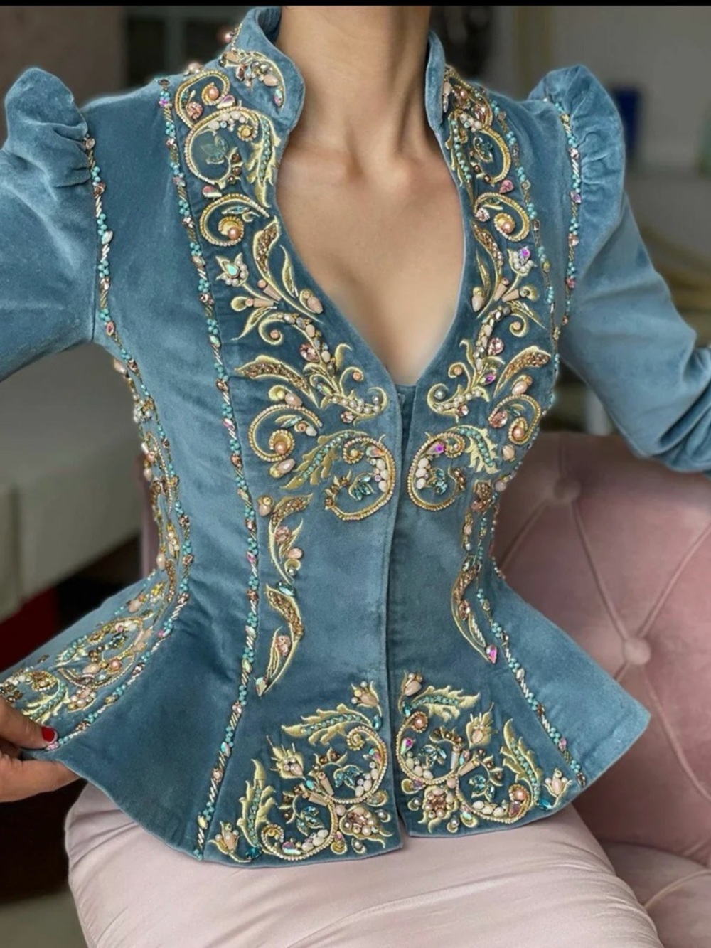 Embellished Teal Velvet Peplum Jacket - Women's